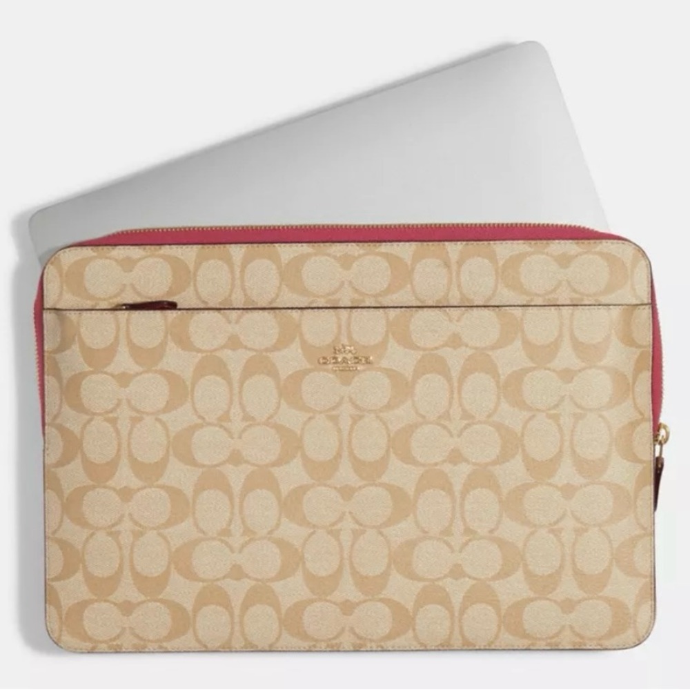 Coach Tan and Pink Signature Laptop Sleeve